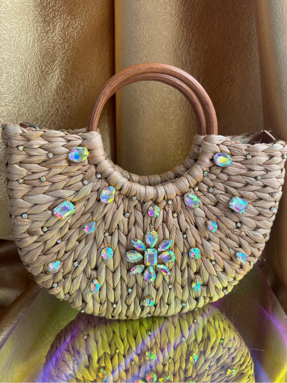 Woven Straw Handbag with Iridescent Crystal Accents - Natural